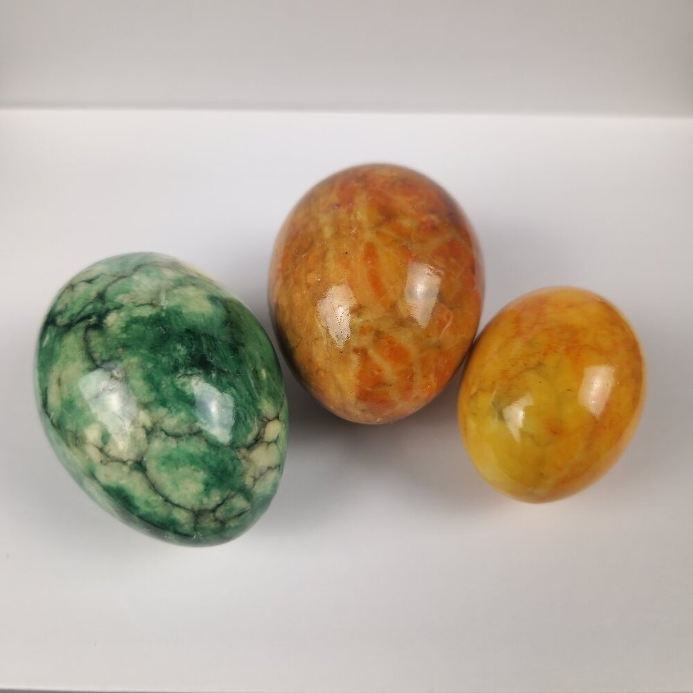Alabaster Stone Eggs Set‎ of 3 Easter Vintage Hand Polished Green Amber Yellow